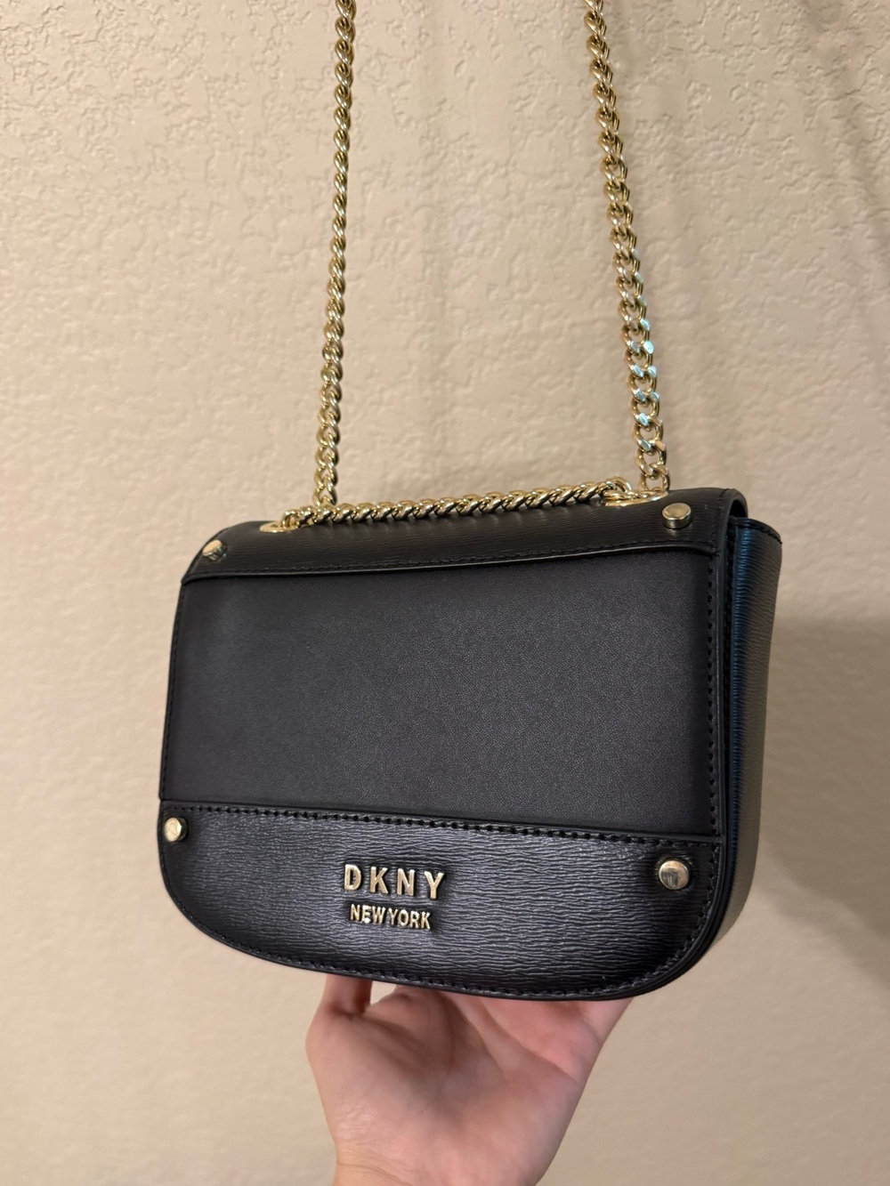 DKNY Black Leather Crossbody with Gold Chain Strap